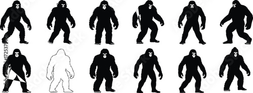 Bigfoot silhouette icons, Sasquatch vector set, cryptid creature graphics, mythical monster illustration, forest legend art, mysterious figure design, wild humanoid symbols