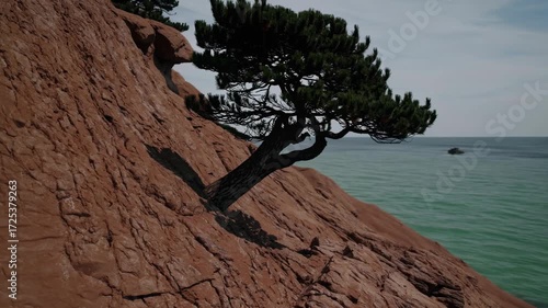 A Scenic View Of A Lone Tree Perched On A Red Cliff Overlooking A Calm Sea, Enhancing The Sense Of Serenity And Natural Beauty