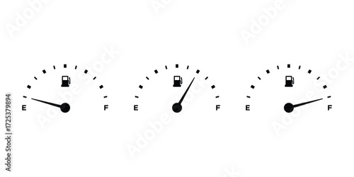 Fuel Gauge Vector. Empty, Half, and Full Tank Icons. Gas Meter Silhouette Vector Set for Car Dashboard