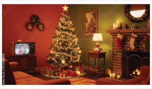 Vector art of a retro christmas living room with tree