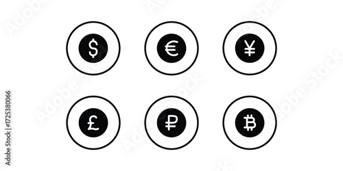 Currency Icons Vector. Dollar, Euro, Yen, Pound, Ruble, Bitcoin. Finance Symbol Vector Set. Global Currencies and Crypto