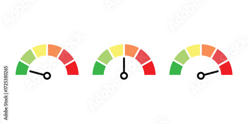Colorful Gauge Meter Vector Set. Low, Medium, High Indicator. Performance Level Meter Icons. Dashboard Gauge Vector