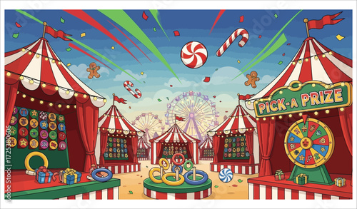 Vector art of a festive carnival with games and prizes