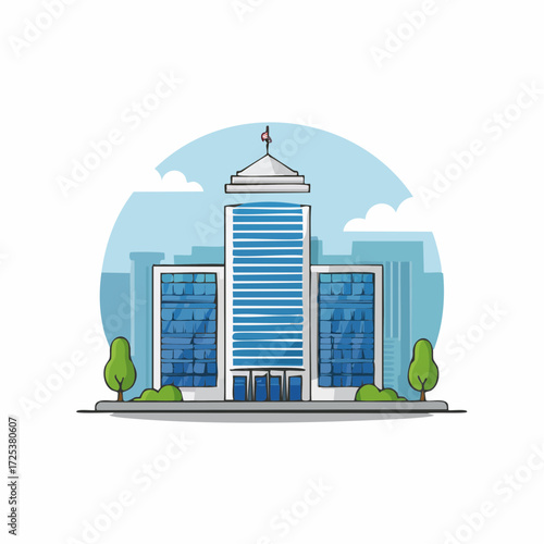 Modern Multi-Story Building Illustration Featuring Glass Facade and Flag