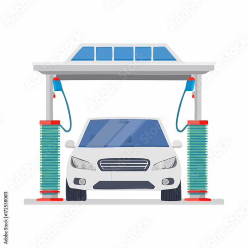 White car at a car wash service station, automated car wash, vector illustration
