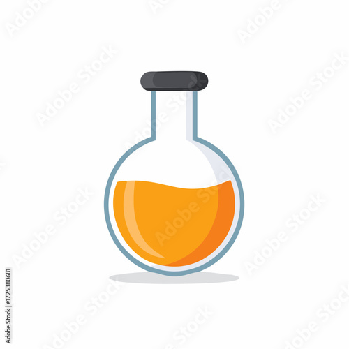 Chemical laboratory glassware round bottom flask with vibrant orange liquid experiment