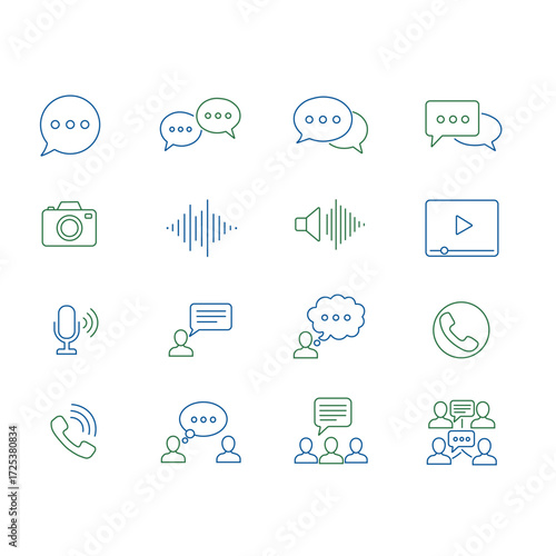Communication Icons Set – Chat, Call, Message, Voice, Video, and Media Line Symbols
