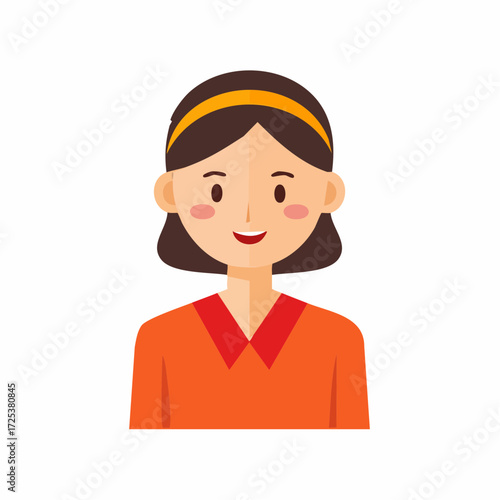 Illustration of smiling brunette woman wearing orange sweater and yellow headband