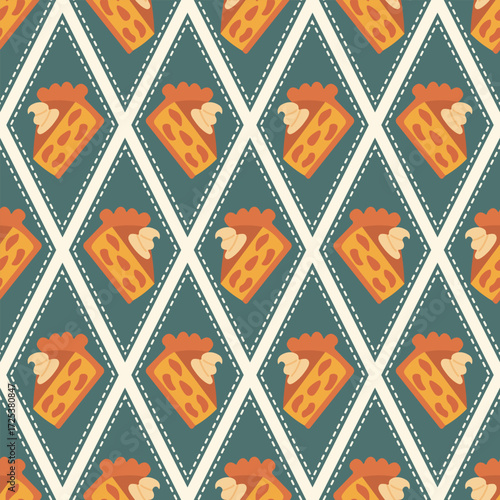 Seamless geometric pattern with slices of pie in diamond-shaped frames on a teal background with white dashed borders, perfect for baking-themed fabric, kitchen decor, and festive packaging