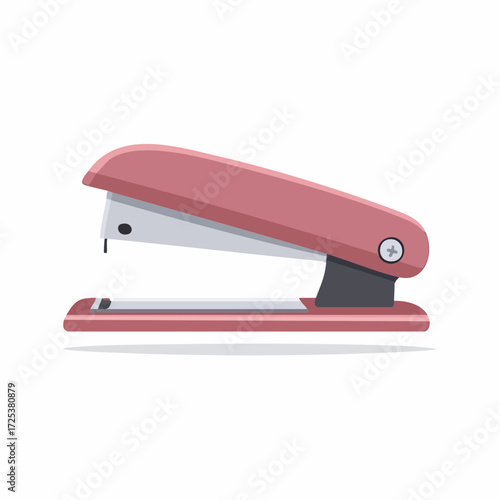 Flat Vector of a Pink Stapler. Side view office staple machine with shadow on isolated background.