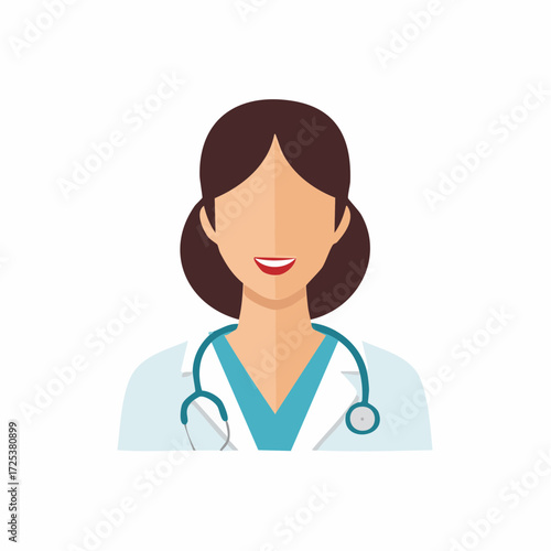 Professional female doctor wearing medical uniform and stethoscope smiling, flat design illustration