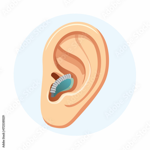 Close-up illustration of a human ear with a small, blue and silver electronic device inserted in the ear canal.