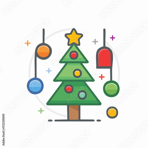 Stylized Christmas tree with star and various colorful holiday decorations creating festive mood