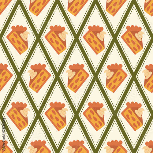 pattern featuring slices of pie in diamond-shaped frames with green dashed borders on a light cream background, perfect for baking-themed fabric, kitchen decor, and festive packaging