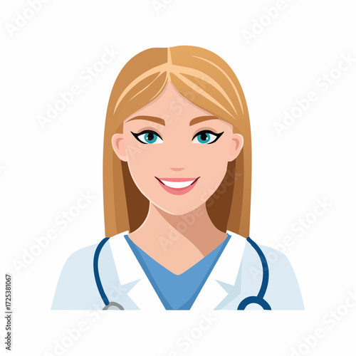 Smiling female doctor with blonde hair and stethoscope, healthcare illustration