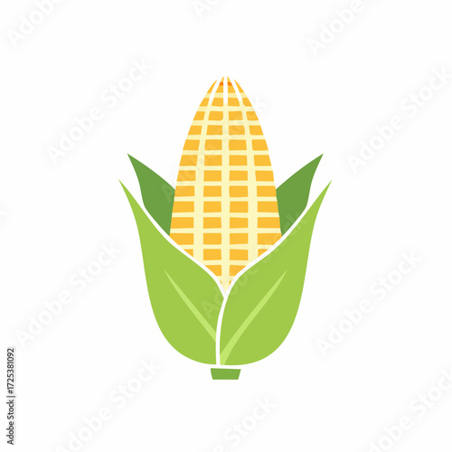 Vibrant yellow ear of corn with green husks, stylized graphic illustration of fresh maize.