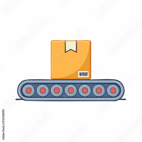 Cardboard shipping box moving on a conveyor belt automation and logistics illustration