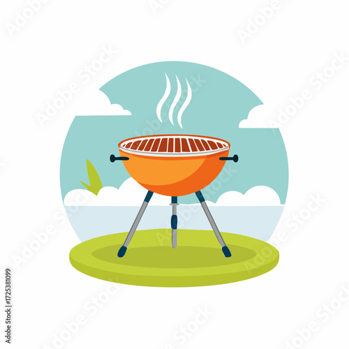 Orange charcoal grill with smoke rising outdoors on green grass and blue sky