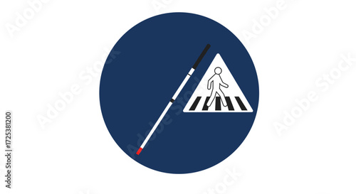 White cane and pedestrian crossing icon, accessibility road sign for visually impaired people, mobility aid and inclusive transportation symbol, vector illustration on transparent background