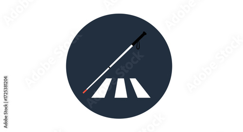 White cane and pedestrian crosswalk symbol, accessibility road sign for blind and visually impaired people, inclusive transportation and mobility aid icon, vector illustration on dark circle backgroun