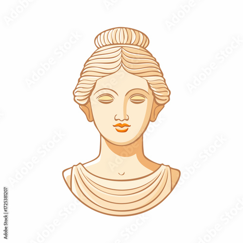 Ancient Greek statue of woman bust in stylized vector art with draped gown, neutral colors, and closed eyes conveys classic beauty