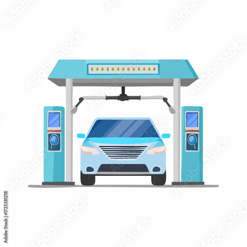 Automatic car wash station with light blue sedan undergoing cleaning service