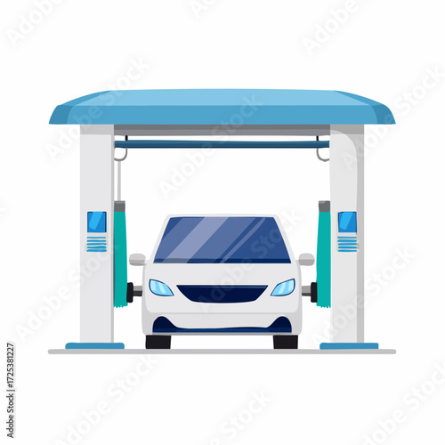 Modern automatic car wash with white sedan inside and blue canopy