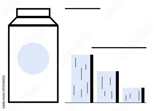 Milk carton and a three-column bar chart depicting decreasing levels. Ideal for food industry, statistics, consumption trends, sustainability, packaging design, marketing analysis, simple flat