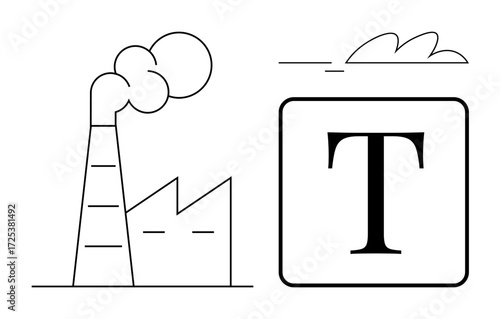 Factory emitting smoke alongside a bold letter T in a square frame. Ideal for industries, sustainability, typography concepts, manufacturing, communication, environmental impact, and education