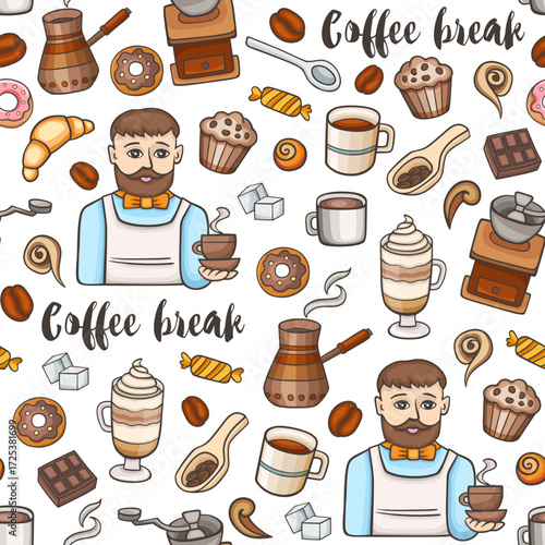 A repeating pattern of coffeethemed illustrations