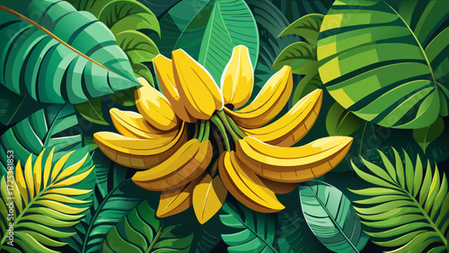 Fresh bananas cluster paper cut tropical style, curved yellow fruits with lush greenery, decorative poster design, paradise summer card vector, exotic botanical vibes, jungle inspired background 