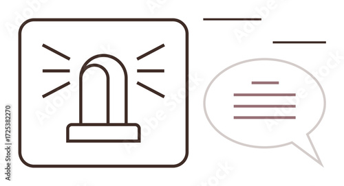 Emergency beacon emitting light flashes indicating alert. Speech bubble symbolizes communication, problem-solving. Ideal for safety, warning, urgency, notification, security, response alert system