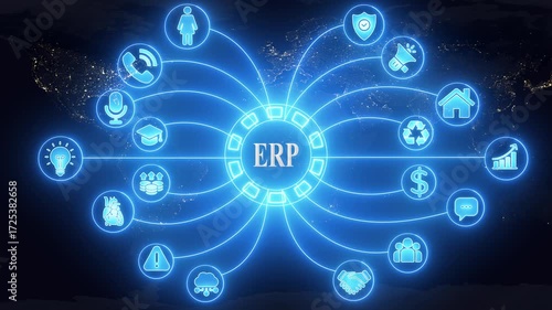 Wallpaper Mural Enterprise Resource Planning E R P system network connections global business technology icons on Earth at night background digital innovation concept Torontodigital.ca