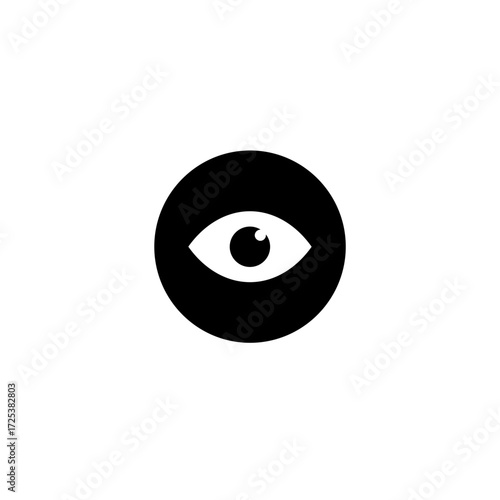 Minimalist black eye icon inside a circle, vision and observation symbol, ophthalmology and eyesight health pictogram, abstract medical logo design isolated on white background