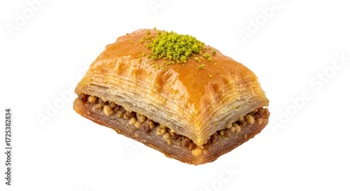 Quadro su tela Isolated piece of baklava topped with pistachios, a sweet Middle Eastern pastry