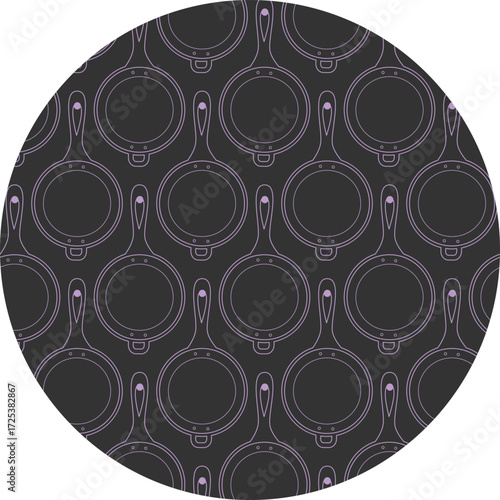 Frying Pan with Handles on nail Chalk Effect Pattern on Circle Backdrop Trendy light Lilac on Dark 