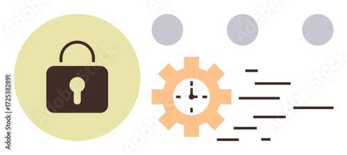 Lock icon for protection, orange gear with clock for time management, and floating dots for process flow. Ideal for security, productivity, efficiency, workflow, automation, deadlines and project