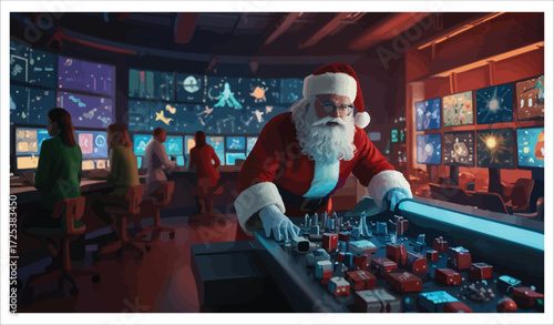 Vector art of santa claus manages gifts in control center