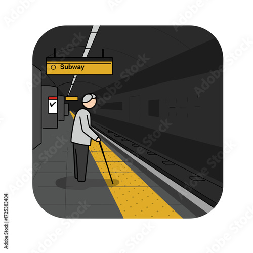 Blind passenger with white cane at subway station, tactile paving for accessibility and safety