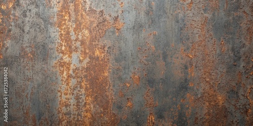 Dark rusty metal sheet with a mix of brown and gray tones, displaying a heavily textured and corroded surface, perfect for industrial backgrounds and design