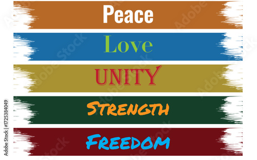 Peace Love Unity Strength Freedom typography – colorful brush‑stroke stripes slogan T‑shirt design, inspirational positive quote graphic, isolated transparent PNG 