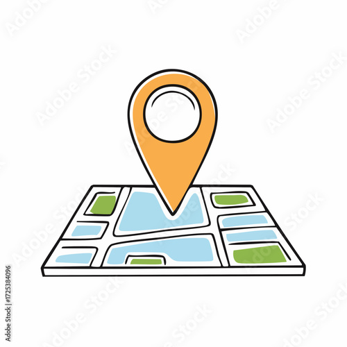 Hand-drawn colorful map illustration with a prominent orange location pin, symbolizing navigation, travel, and precise destination finding, ideal for digital maps and geo-location concepts