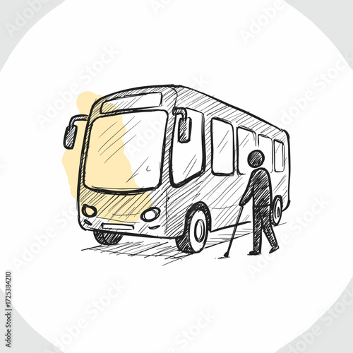 Public bus accessibility illustration with blind person and white cane, hand-drawn sketch style