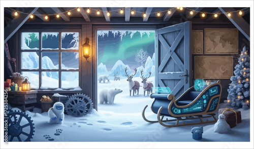 Vector art of santas workshop in the arctic wonderland