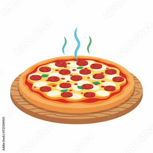 A hot pepperoni pizza with melted cheese and fresh toppings served on a wooden tray.