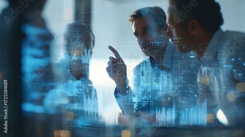 Business partners aligning on company goals with data on screen