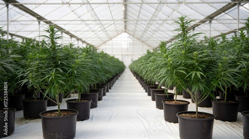 Abundant cannabis plants thrive in a modern, brightly lit greenhouse, showcasing healthy growth and cultivation.