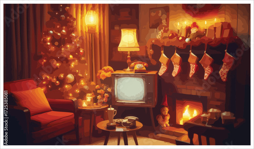 Vector art of festive christmas living room with fireplace