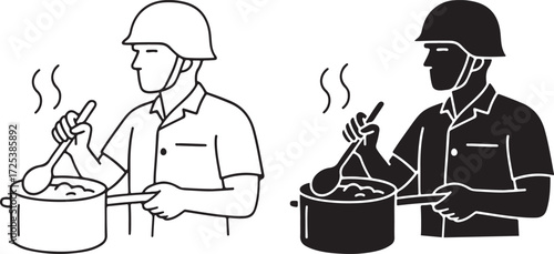 Soldier Cooking Food in Pot with Spoon Icon, Line Art and Silhouette Style