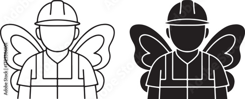 Construction Worker with Butterfly Wings Icon, Line Art and Silhouette Style